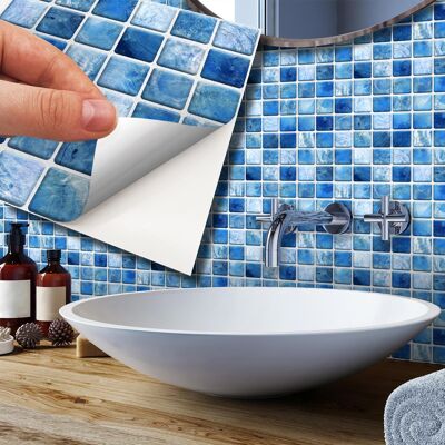 Mother Pearl Blue Jewel Mosaic Wall Tile Sticker Set - 15cm (6inch) - 24pcs one pack