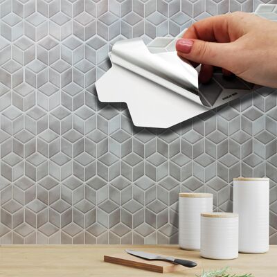 Grey Stone Hexacube Self Adhesive Wall Tiles Stickers 11.2 x 5.5 inches / 28.5 x 14 cm