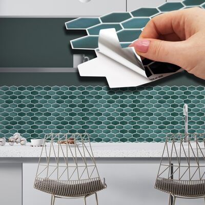 Shimmering Green Honeycomb Hexa Self Adhesive Wall Tiles Stickers 11.2 x 5.5 inches / 28.5 x 14 cm