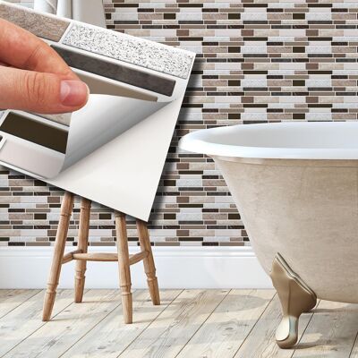Golden Stone Brown And Beige Mosaic Self Adhesive Wall Tiles Stickers 11.2 x 5.5 inches / 28.5 x 14 cm