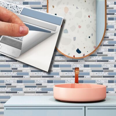 Terrazzo Silver Touch Blue And Grey Mosaic Wall Self Adhesive Tile Sticker 11.2 x 5.5 inches / 28.5 x 14 cm