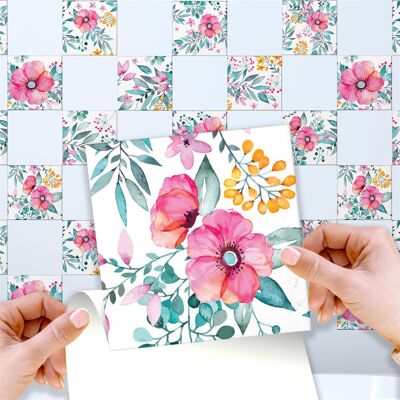 Walplus Sweet Spring Bouquet Tiles Mix Wall Stickers - 15 cm x 15 cm - 24 pcs