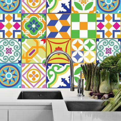 Walplus Classic Spanish Colourful Mixed Tiles Wall Stickers Set 2 - 15 x 15 cm (6 x 6 inches) - 24 pcs