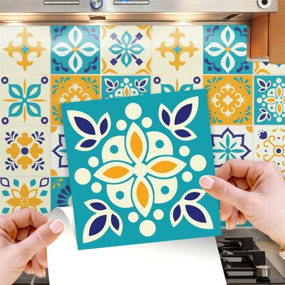 Walplus Temara Yellow and Blue Moroccan Wall Tile Sticker Set - 15 cm x 15 cm - 24 pcs