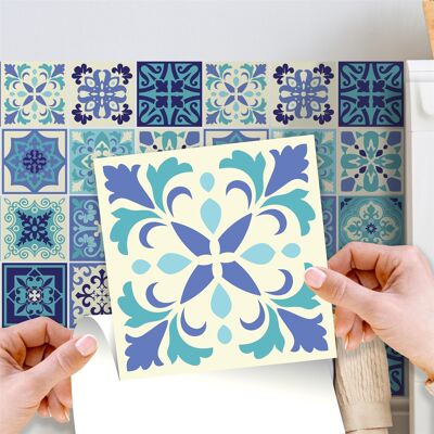 Walplus Daliah Blue and Turquoise Mediterranean Wall Tile Sticker Set - 15 cm x 15 cm - 24 pcs