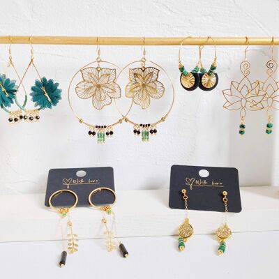 Kit 6 pairs BO-10 earrings Green, black and gold, floral theme