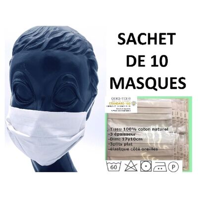 Pack de 10 Mascarillas 100% Algodón Natural Blanco