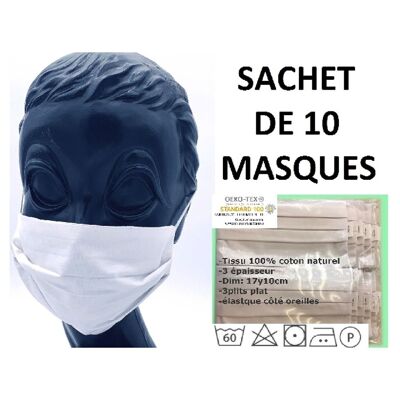 Pack of 10 Masks 100% Natural Cotton White