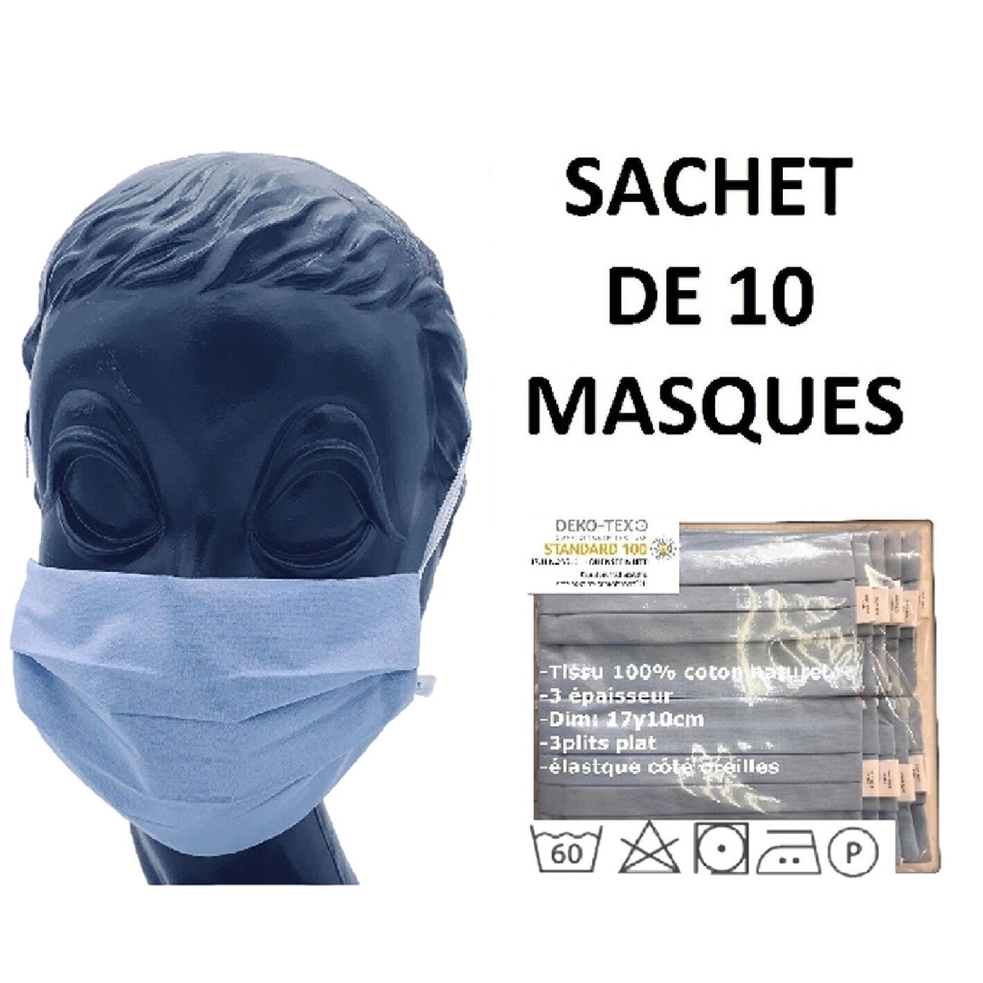Packung mit 10 Masken aus 100 % natürlicher Baumwolle, Blau
