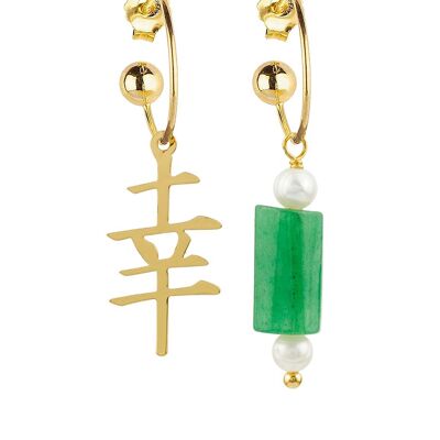 Kanji Hoop Green Luck Earrings