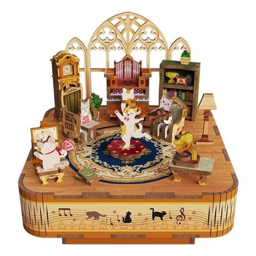 Muziekdoosje DIY 3D Houten Puzzel, Cat’s Family, Tone-Cheer, TQ065, 14x14x13,9cm