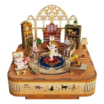 Spieluhr DIY 3D-Holzpuzzle, Katzenfamilie, Tone-Cheer, TQ065, 14x14x13,9cm