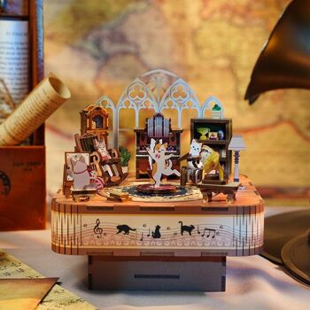 Boîte à musique DIY Puzzle 3D en bois, Famille de chats, Tone-Cheer, TQ065, 14x14x13.9cm 2