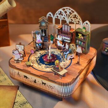 Boîte à musique DIY Puzzle 3D en bois, Famille de chats, Tone-Cheer, TQ065, 14x14x13.9cm 4