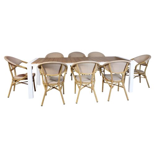 ENS JARDIN COMPOSE D'UNE TABLE EN POLYWOOD ASPECT BOIS STRUCTURE MÉTAL BLANC ET 8 FAUTEUILS TEXTILENE BEIGE ET BLANC  BAMAL