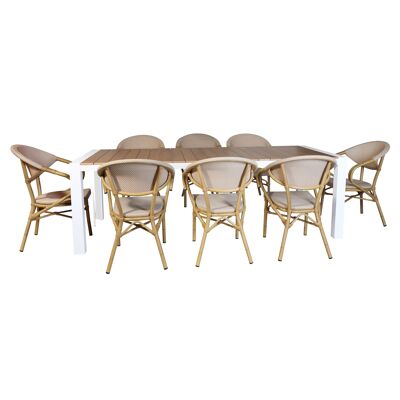 GARDEN SET COMPOSED OF A POLYWOOD TABLE WOOD LOOK WITH WHITE METAL STRUCTURE AND 8 BEIGE AND WHITE TEXTILENE ARMCHAIRS BAMAL