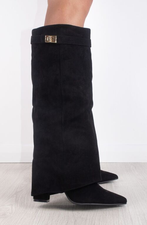 WOMENS FAUX SUEDE FOLD OVER SHARK CLASSIC BUCKLE KNEE HIGH BOOT