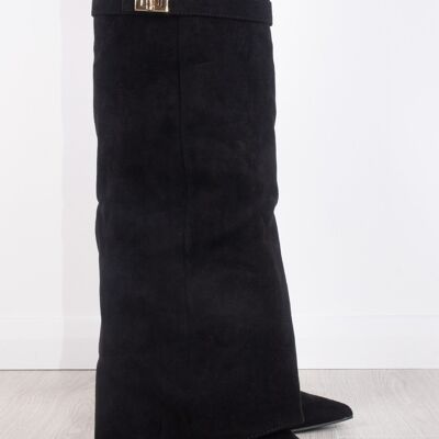 WOMENS FAUX SUEDE FOLD OVER SHARK CLASSIC BUCKLE KNEE HIGH BOOT