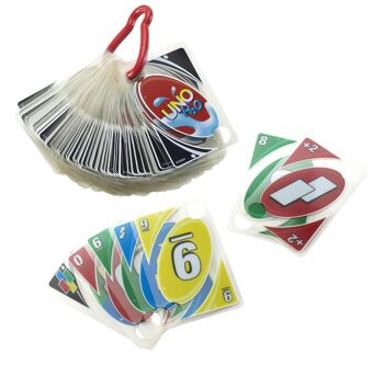 Mattel - Réf : P1703 - UNO SPORT, Jeu de 108 cartes en plastiques imperméables avec un mousqueton pour transport facile, Jeu de Société, Jeu de bain, 2 à 10 joueurs -individuellement ou par équipes, Dès 7 ans, 2