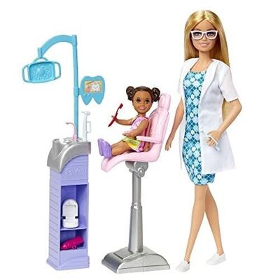 Mattel - Ref: HKT69 - Barbie Profesiones - Caja de dentista con 2 muñecas, sillón de dentista, puesto de trabajo de dentista y accesorios, juguete para niños, a partir de 3 años
