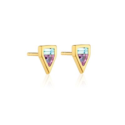 AMETHYST & BLUE TOPAZ GEOMETRIC STUD EARRINGS IN GOLD VERMEIL