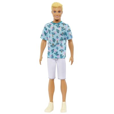 Mattel - Rif: HJT10 - Barbie - Ken Fashionistas bambola modello n. 211 bionda, con maglietta cactus e palma, pantaloncini bianchi e scarpe da ginnastica, da collezione, giocattolo per bambini, a partire da 3 anni