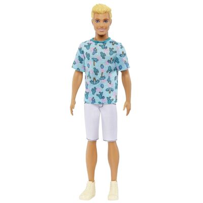 Mattel - Réf : HJT10 - Barbie - Poupée Mannequin Ken Fashionistas N° 211 Blonde, Avec T-Shirt Cactus Et Palmier, Short Blanc Et Baskets, À Collectionner, Jouet Enfant, A Partir De 3 Ans