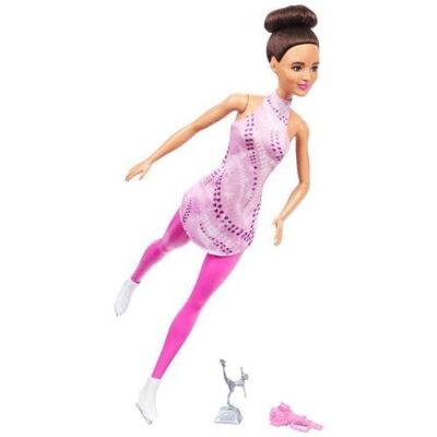 Mattel - Réf : HRG37 - Barbie - Poupée Métier Patineuse Artistique Avec Tenue Rose Amovible, Cheveux Bruns En Chignon, Patins À Glace Et Trophée Argenté Inclus, Jouet Enfant, A Partir De 3 Ans