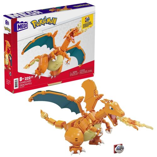 Mattel - Réf : GWY77 - MEGA Pokémon - Figurine Action Dracaufeu 20cm, Jeu De Briques De Construction Pour Enfants Et Adultes, Modèle Pokémon À Collectionner, 222 Pièces, Jouet pour Enfant de 8 ans et Plus