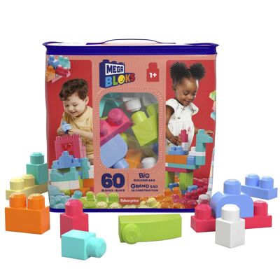 Mattel - Ref: DCH54 - MEGA Bloks, Bloques de Construcción, Bolsa de Construcción Grande Rosa, Colores Clásicos, 60 Bloques de Construcción Apilables, Juguete Infantil, Juguete para Niños a Partir de 1 Año