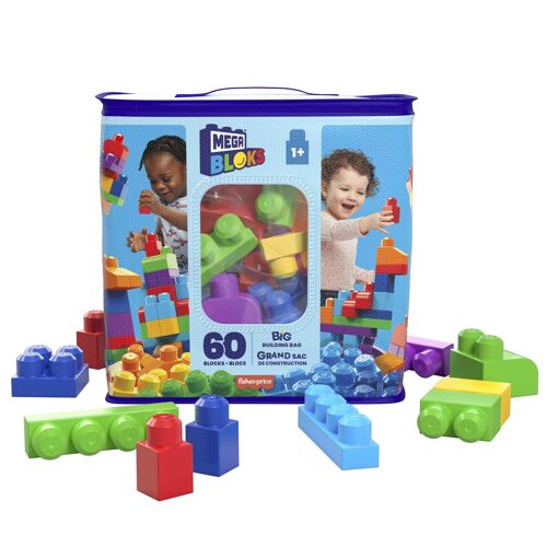 Mattel - Réf : DCH55 - MEGA Bloks, Blocs De Construction, Grand Sac De Construction Bleu, Couleurs Classiques, 60 Blocs De Construction Empilables, Jouet Enfant, Jouet pour Enfant de 1 ans et Plus