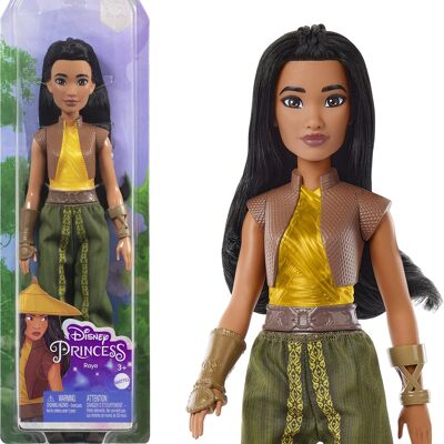 Mattel - Ref: HLX22 - Princesas Disney - Muñeca Raya articulada con conjunto, botas, brazaletes, pelo largo negro para peinar y complementos, Juguete Infantil, A partir de 3 años
