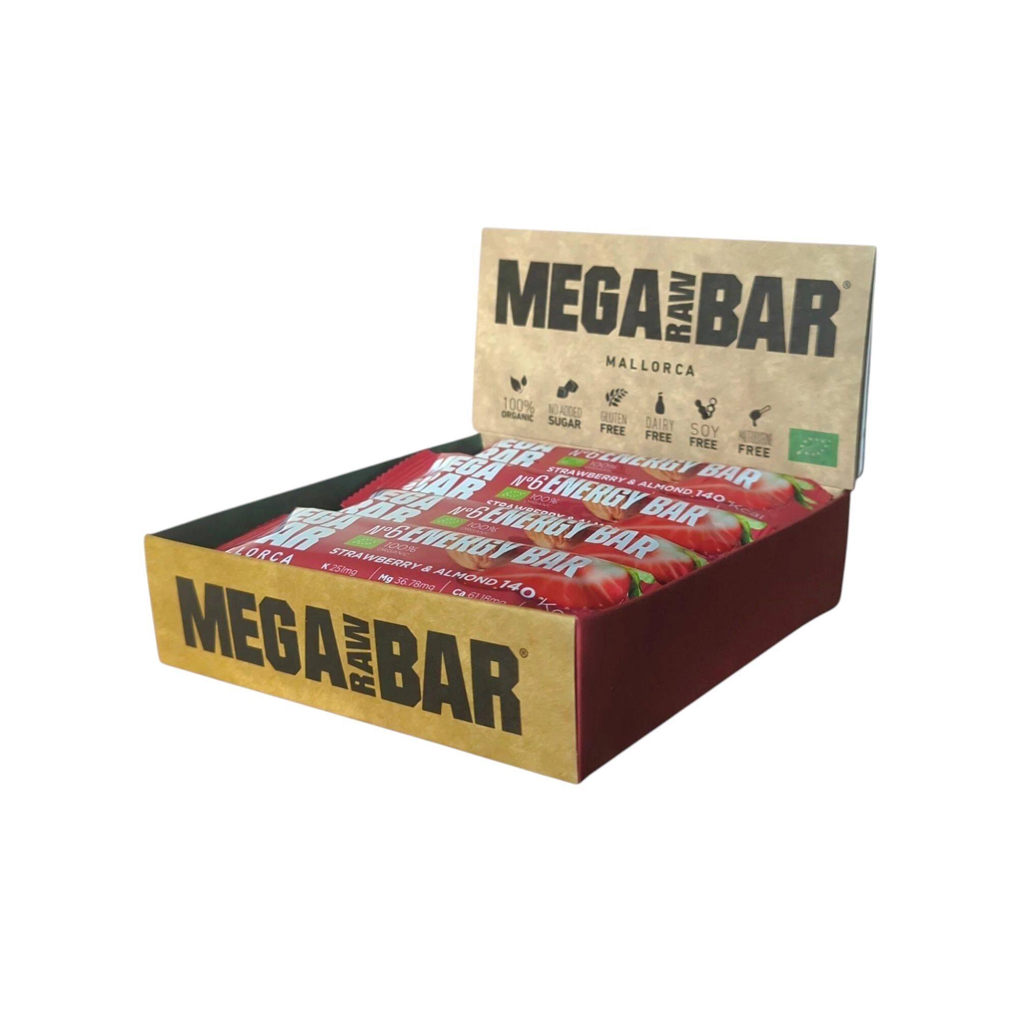 MEGARAWBAR 6 BOX 12X40G FRAGOLE E MANDORLE - Barrette Energetiche ad Alte Prestazioni, Biologiche, Ecologiche, con Fragole e Mandorle