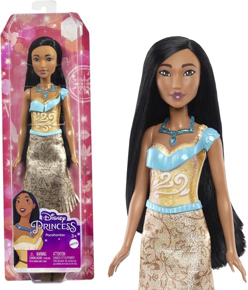 Mattel - Réf : HLW07 - Princesses Disney - Poupée Pocahontas articulée avec tenue scintillante et accessoires dont chaussures et collier, Jouet Enfant, Dès 3 ans