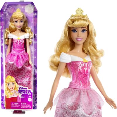 Mattel - Rif: HLW09 - Disney Princesses Aurora, bambola articolata della Principessa della Bella Addormentata, include vestito con pellicola scintillante, tiara con corona e accessori per bambola, dai 3 anni in su