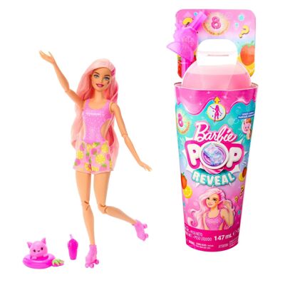 Mattel - Ref: HNW41 - Barbie Pop Reveal Fruit Series, Muñeca con pelo rosa que cambia de color, edición con aroma a limonada de fresa, 8 sorpresas en el interior, incluido slime, juguete para niños a partir de 3 años