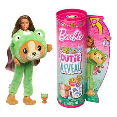 Mattel – Ref: HRK24 – Barbie Cutie Reveal Box-Set mit beweglicher brauner Puppe mit rosa Akzenten, als Frosch getarntem Welpen, 10 Überraschungen und Zubehör, zum Sammeln, Kinderspielzeug, ab 3 Jahren