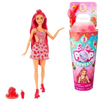 Mattel - Ref: HNW43 - Barbie Pop Reveal Fruit Series, Barbie Doll with Color Changing Red Hair, Watermelon Scented Edition, 8 Surprises Included Including Slime and a Puppy, Toy for Children Ages 3 and Up