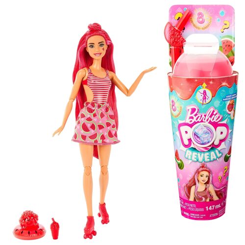 Mattel - Réf : HNW43 - Barbie Pop Reveal Série Fruit, Poupée Barbie Aux Cheveux Rouge Changeant De Couleur, Édition Parfumée Pastèque, 8 Surprises Incluses Dont Du Slime Et Un Chiot, Jouet pour Enfant de 3 ans et Plus