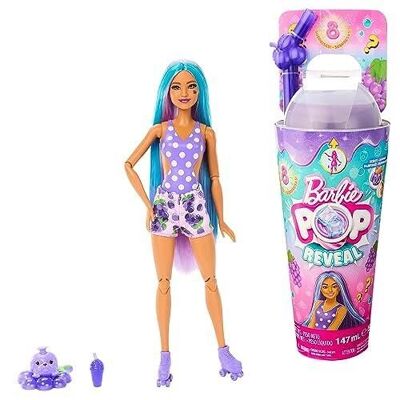 Mattel - Rif: HNW44 - Barbie Pop Reveal Fruit Series, bambola dai capelli viola, edizione al profumo di uva scintillante, 8 sorprese incluse tra cui slime e un cucciolo, giocattolo per bambini dai 3 anni in su
