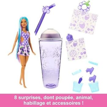 Mattel - Réf : HNW44 - Barbie Pop Reveal Série Fruit, Poupée Cheveux Violets, Édition Parfumée Raisin Pétillant, 8 Surprises Incluses Dont Du Slime Et Un Chiot, Jouet pour Enfant de 3 ans et Plus 3