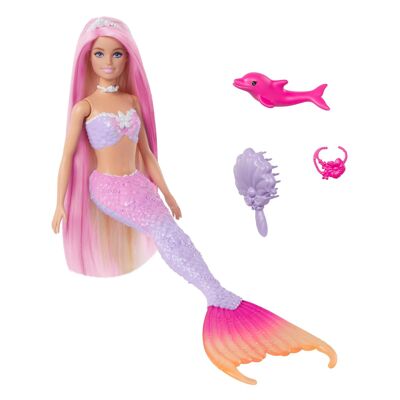 Mattel – Ref: HRP97 – Barbie „Malibu“ Meerjungfrau-Puppe mit rosa Haaren, Haarschmuck, Delfin-Haustier, Farbwechselfunktion, Kinderspielzeug, ab 3 Jahren
