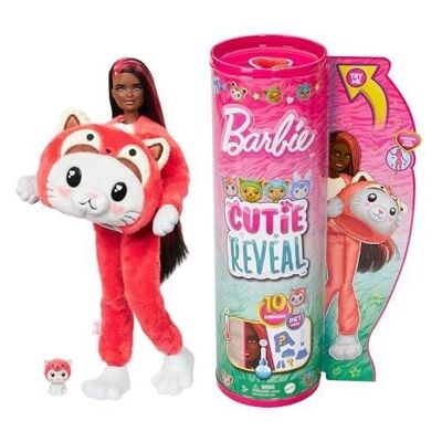 Mattel – Ref: HRK23 – Barbie Cutie Reveal Box-Set mit beweglicher Puppe, schwarzem Haar, roten Highlights, Panda-Kätzchen, 10 Überraschungen und Zubehör enthalten, Sammlerstück, Kinderspielzeug, ab 3 Jahren