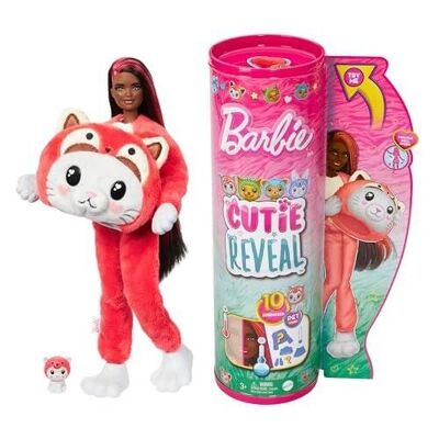 Mattel - Ref: HRK23 - Barbie Cutie Reveal Box Set con Muñeca Articulada, Pelo Negro, Mechas Rojas, Gatito Panda, 10 Sorpresas y Accesorios Incluidos, Coleccionable, Juguete Infantil, A Partir de 3 Años