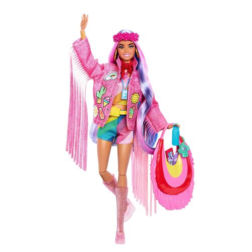 Mattel - Réf : HPB15 - Barbie Extra Voyage Désert, Poupée Articulée Barbie Avec Vêtements De Voyage, Comprend Une Veste À Franges Et Sac Oversize, Plus De15 Accessoires Inclus,Jouet pour Enfant de 3 ans et Plus