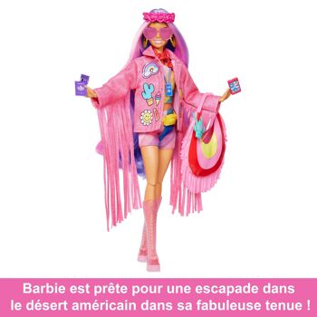 Mattel - Réf : HPB15 - Barbie Extra Voyage Désert, Poupée Articulée Barbie Avec Vêtements De Voyage, Comprend Une Veste À Franges Et Sac Oversize, Plus De15 Accessoires Inclus,Jouet pour Enfant de 3 ans et Plus 3