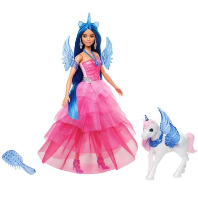Mattel – Ref: HRR16 – Barbie-Einhornpuppe zum 65. Jahrestag mit blauen Haaren, einem Hauch von Magie, rosa Kleid, geflügeltem Einhorn und anderen Accessoires, Kinderspielzeug, ab 3 Jahren
