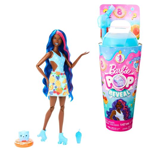 Mattel - Réf : HNW42 - Barbie Pop Reveal Série Fruit,Poupée Barbie Aux Cheveux Bleus Changeant De Couleur, Édition Parfumée Pastèque, 8 Surprises Incluses Dont Du Slime Et Un Chiot, Jouet pour Enfant de 3 ans et Plus