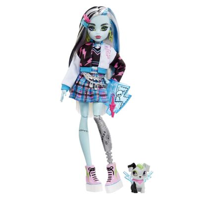 Mattel - Ref: HHK53 - Monster High - Muñeca Frankie Stein con accesorios y mascota, Muñeca de moda articulada, pelo con mechas negras y azules, juguete para niños, a partir de 3 años