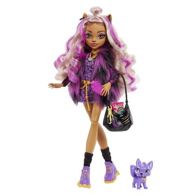 Mattel - Ref: HHK52 - Monster High - Muñeca Clawdeen Wolf Con Accesorios Y Mascota, Muñeca De Moda Articulada, Pelo Con Mechas Moradas, Juguete Infantil, A Partir De 3 Años